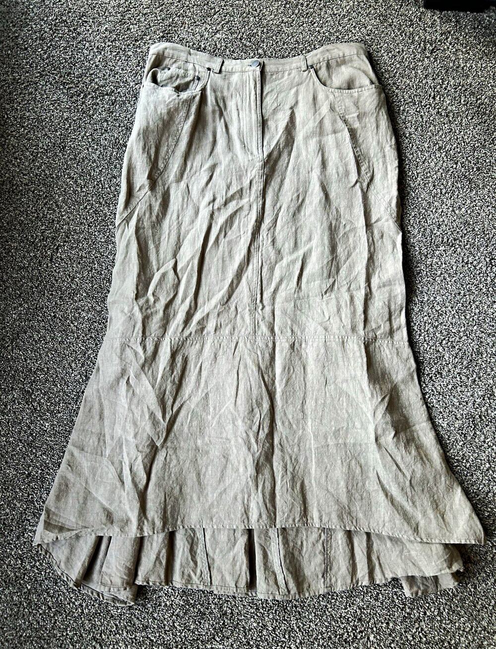 Peruvian Connection Beige Solid A-Line Midi Skirt US 16 Woven Linen Pockets